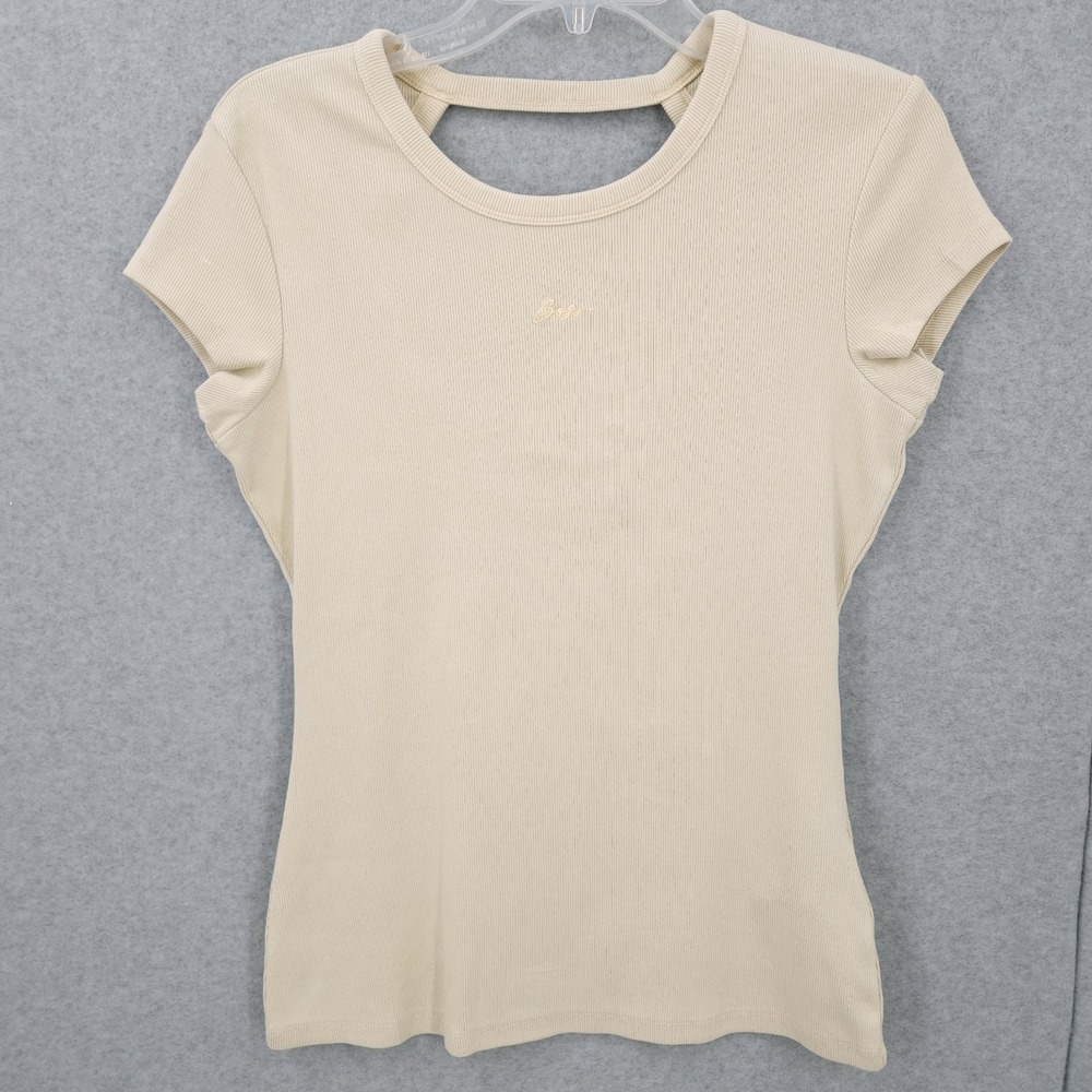 Boss Orange Esima Beige Crewneck Logo Short Sleeve Stretch Shirt Womens Size M